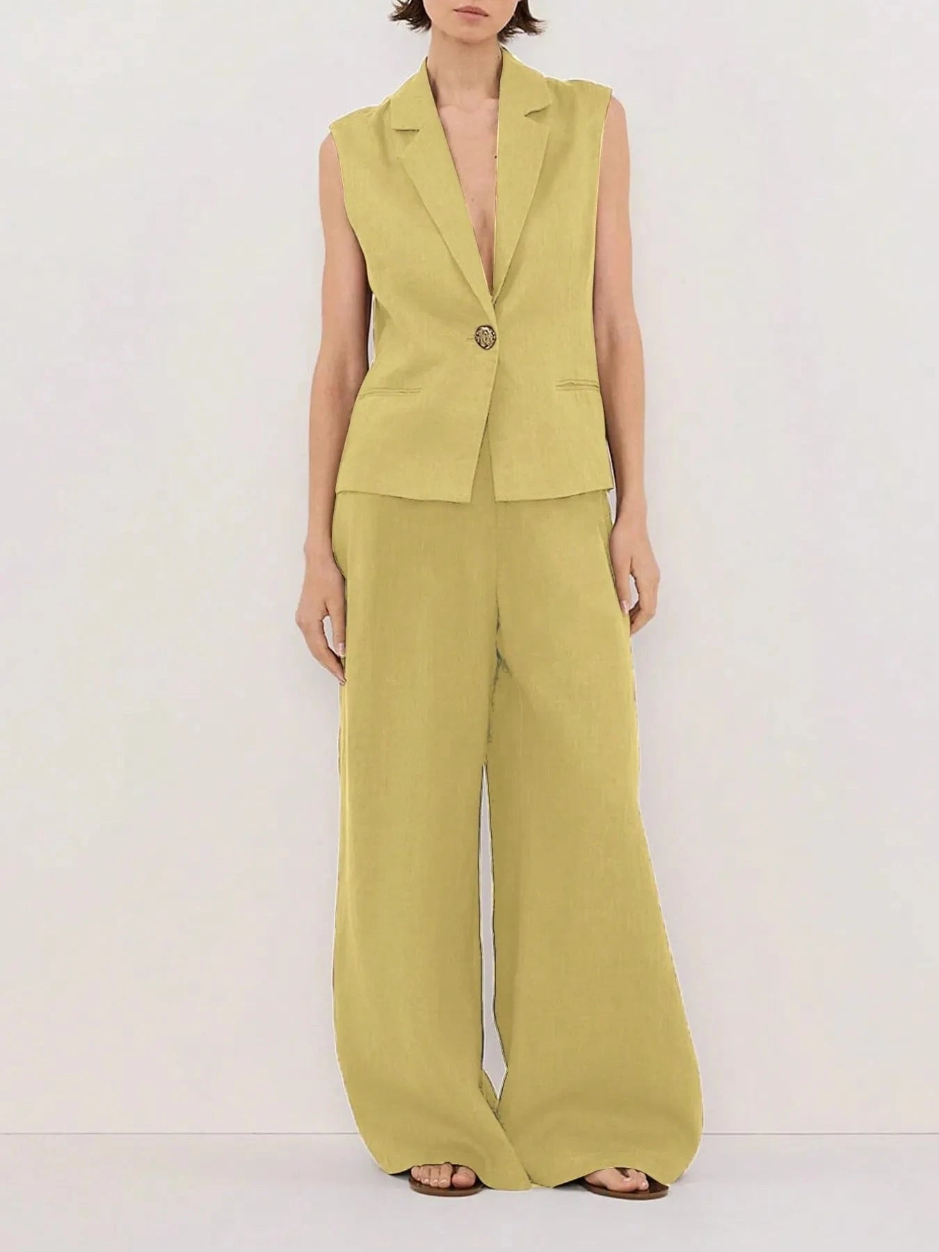One Button Sleeveless Top and Pants Set Yellow / S
