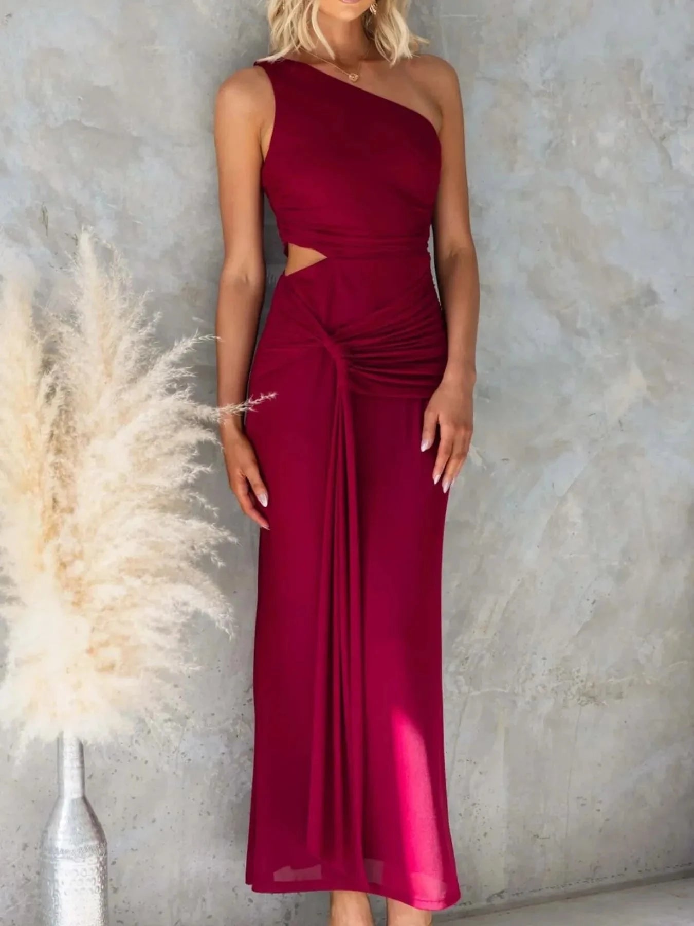 One-Shoulder Cutout Bodycon Maxi Dress Deep Red / S