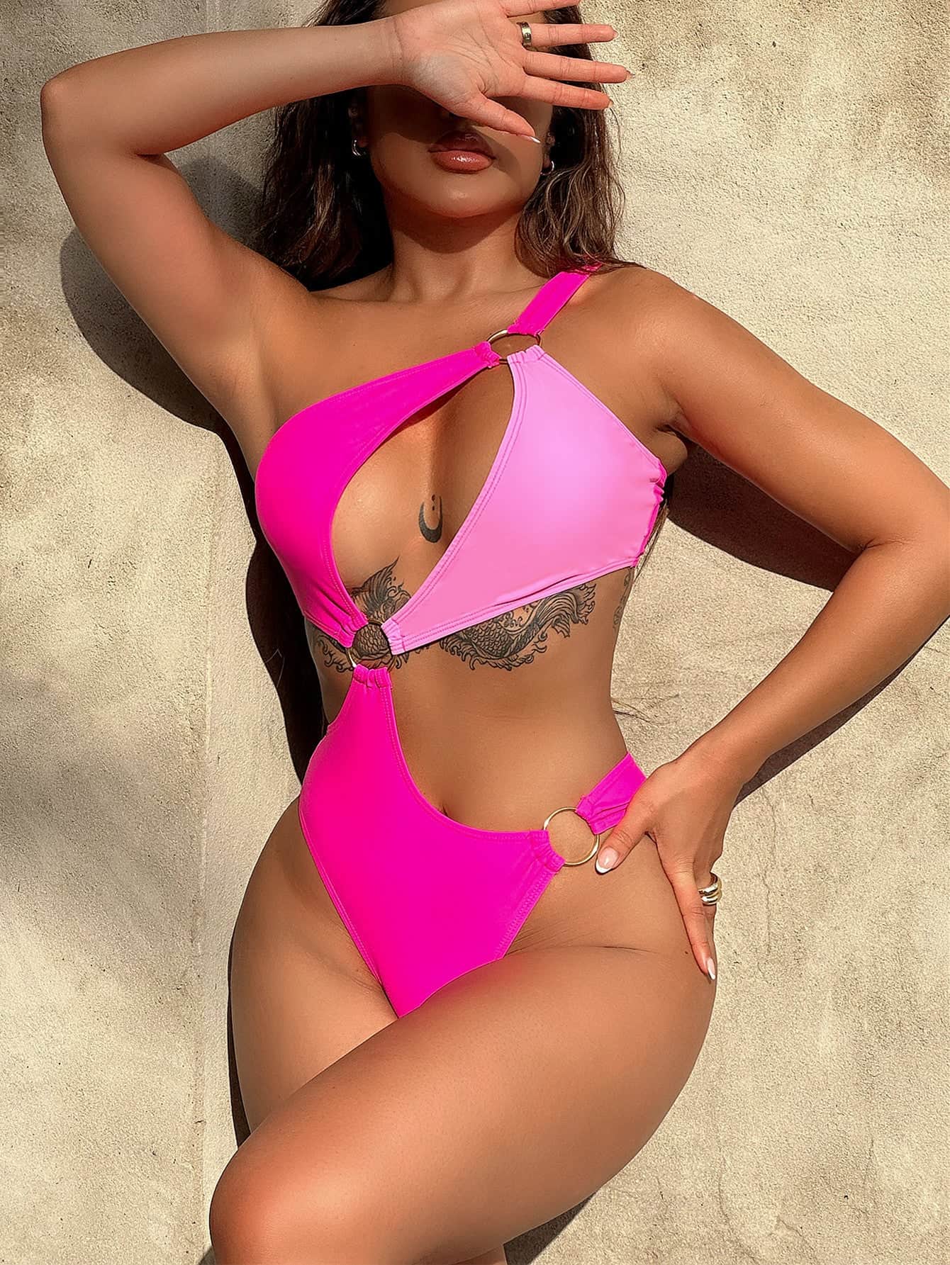 One-Shoulder Cutout Ring Detail One-Piece Swimsuit Hot Pink / S