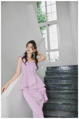 One-Shoulder Frill Peplum Scuba Dress M / Plum