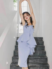 One-Shoulder Frill Peplum Scuba Dress S / Blue