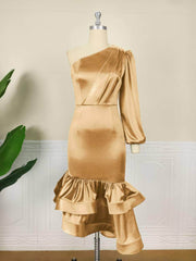 One Shoulder Lantern Sleeve Ruffle Hem Satin Dress