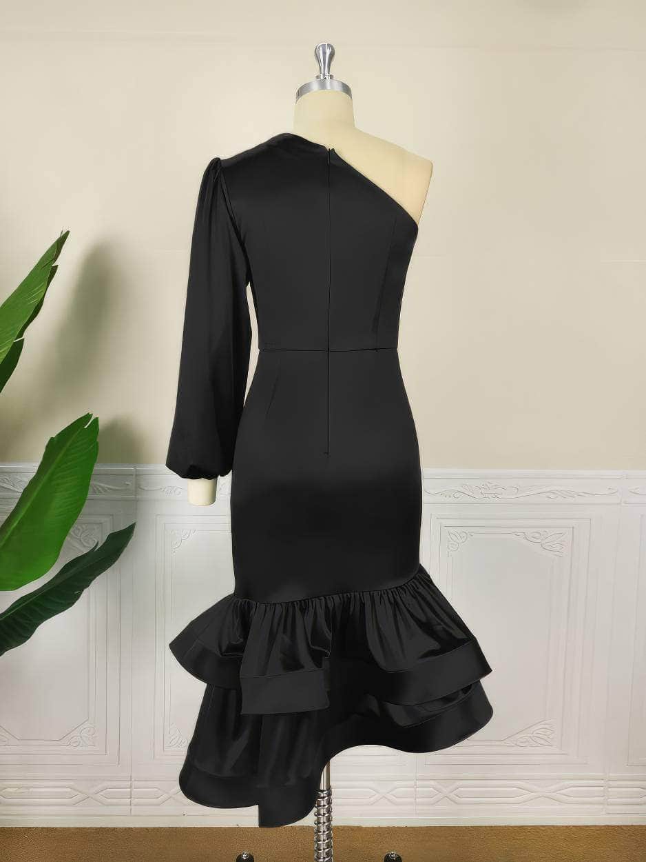 One Shoulder Lantern Sleeve Ruffle Hem Satin Dress