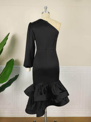 One Shoulder Lantern Sleeve Ruffle Hem Satin Dress