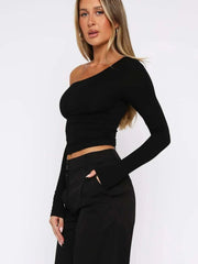 One Shoulder Long Sleeve Crop T-Shirt