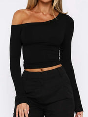 One Shoulder Long Sleeve Crop T-Shirt