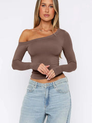 One Shoulder Long Sleeve Crop T-Shirt
