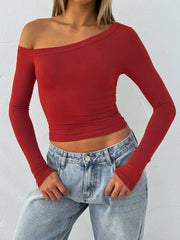 One Shoulder Long Sleeve Crop T-Shirt Red / S