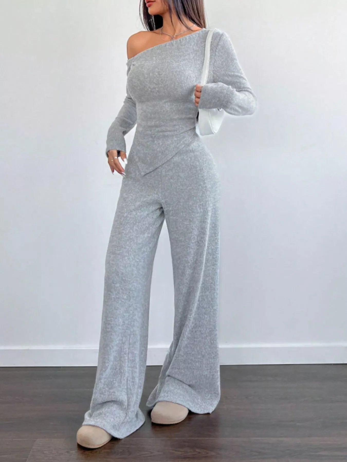 One-Shoulder Long Sleeve Top and Pants Set