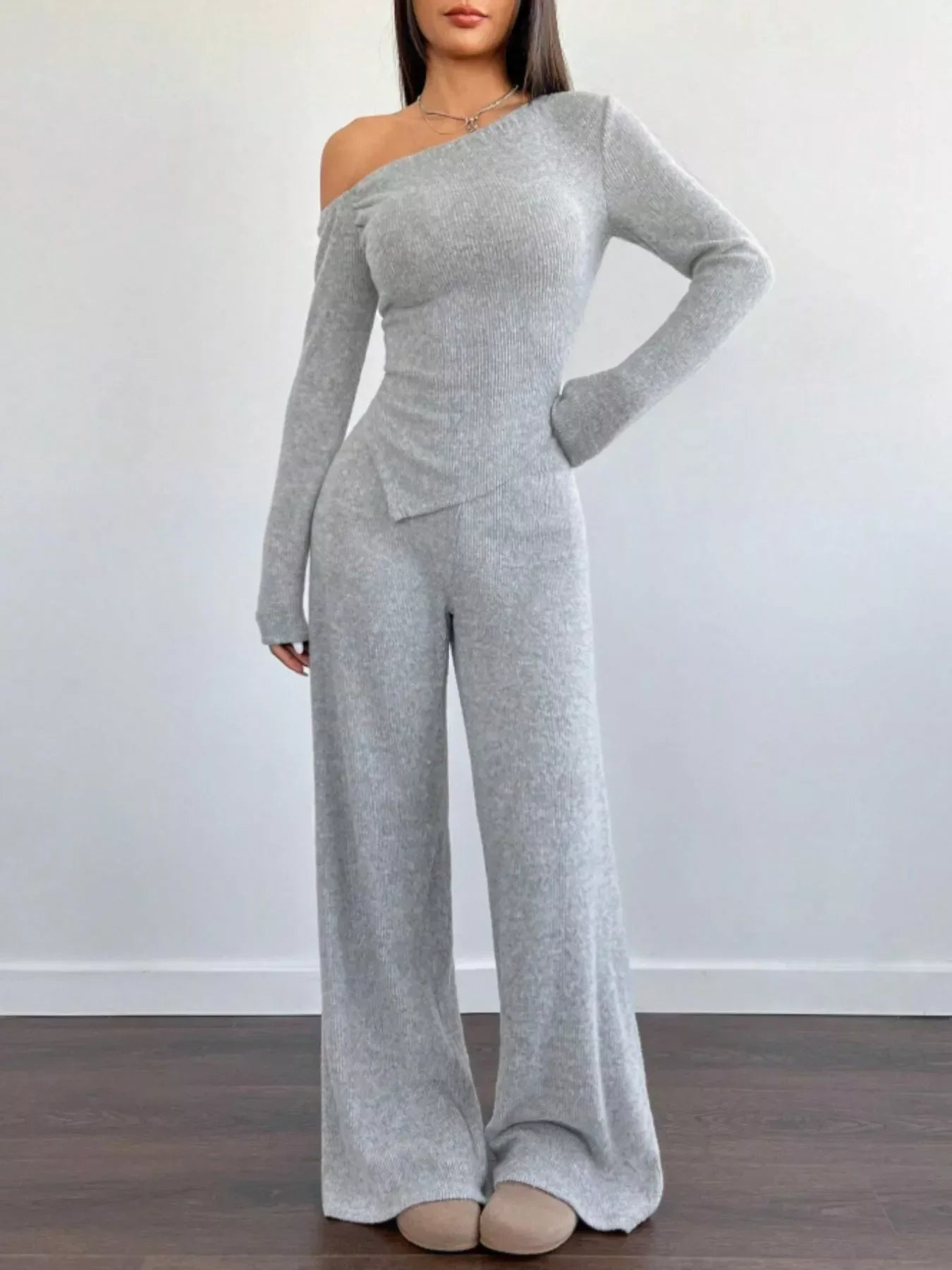One-Shoulder Long Sleeve Top and Pants Set