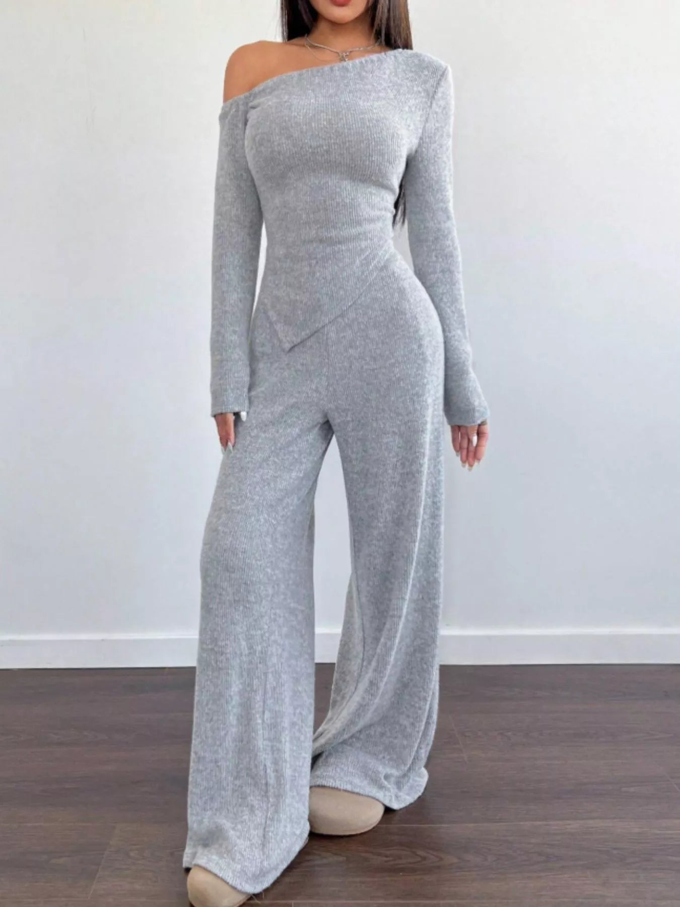 One-Shoulder Long Sleeve Top and Pants Set