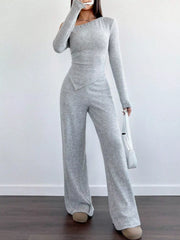 One-Shoulder Long Sleeve Top and Pants Set Light Gray / S