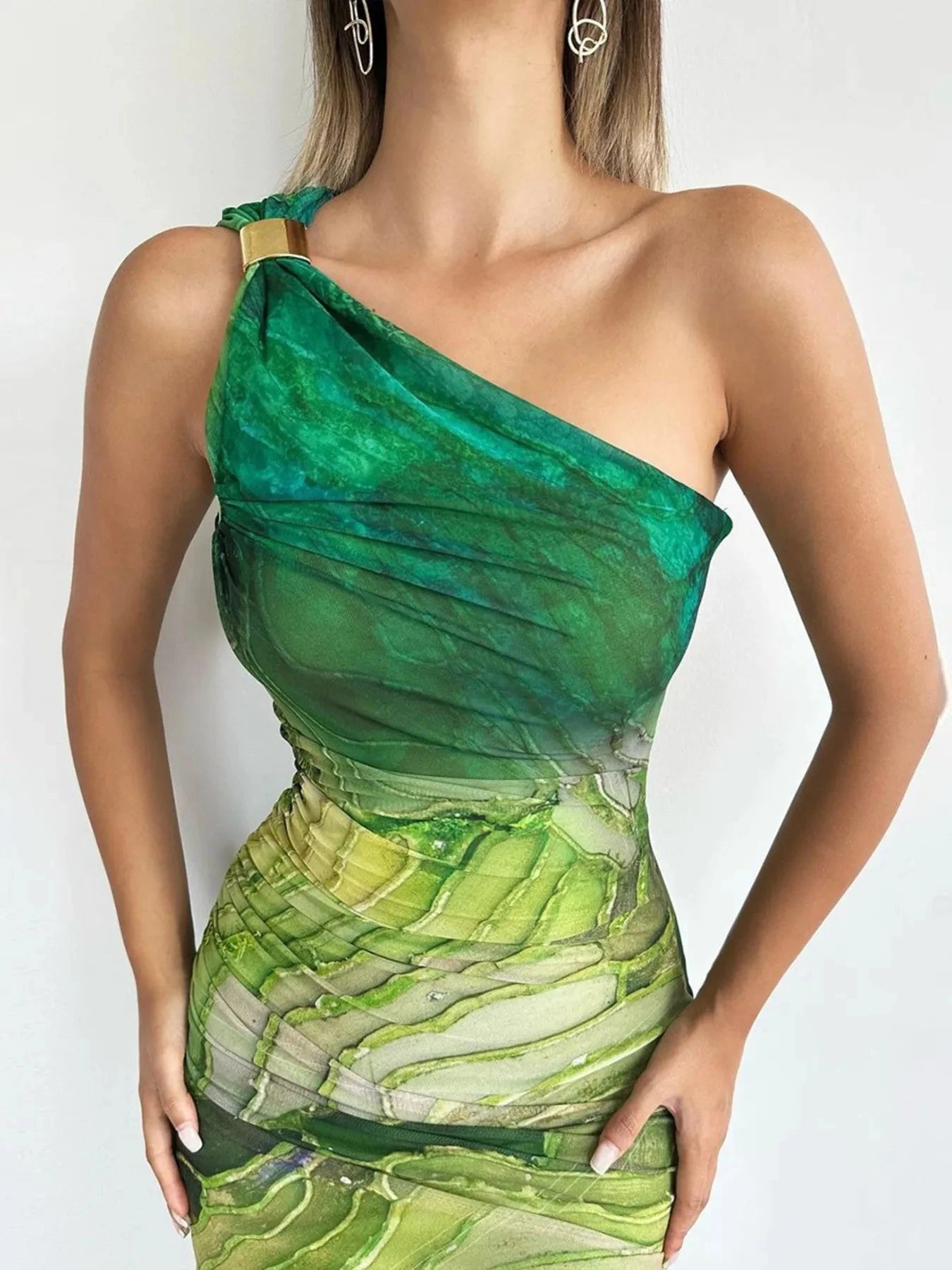 One Shoulder Printed Bodycon Maxi Dress