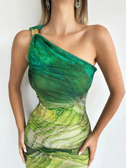 One Shoulder Printed Bodycon Maxi Dress