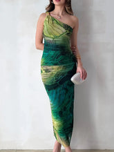 One Shoulder Printed Bodycon Maxi Dress Dark Green / S