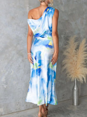 One Shoulder Printed Dress with Slit