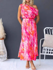 One Shoulder Printed Dress with Slit
