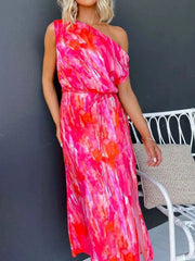 One Shoulder Printed Dress with Slit