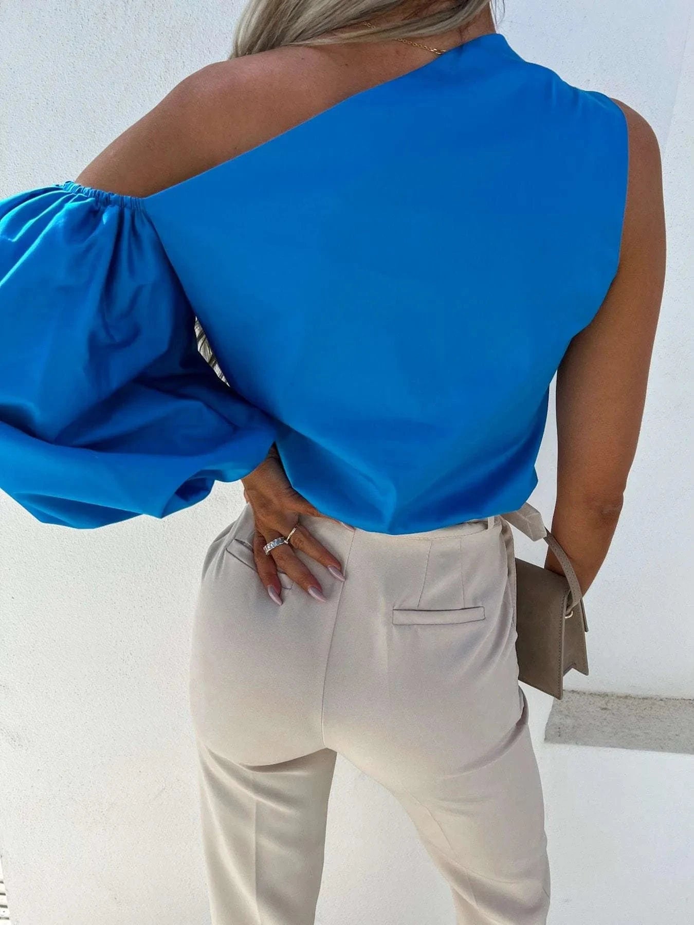 One Shoulder Puff Sleeve Blouse Blue / S