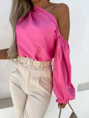 One Shoulder Puff Sleeve Blouse Fuchsia Pink / S