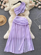 One-Shoulder Ruched Cut Out Chain Detailed Dress S / Plum