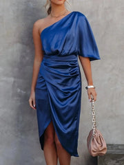 One-Shoulder Satin Wrap Dress with Side Slit