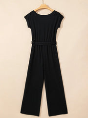 One Shoulder Short Sleeve Knotted Waist Jumpsuit