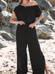 One Shoulder Short Sleeve Knotted Waist Jumpsuit