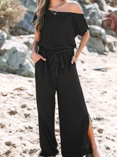 One Shoulder Short Sleeve Knotted Waist Jumpsuit Black / S