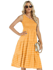 One-Shoulder Tiered Midi Dress with Smocked Bodice