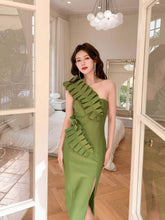One-Strap Ruffle Detail Cocktail Split Dress S / Green