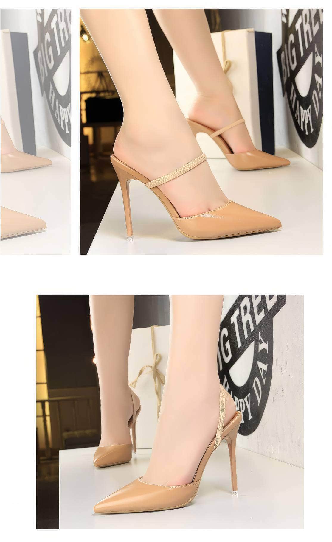 Open Back Pointy Toes Strap Slipper Stilettos