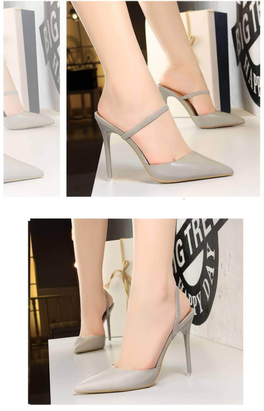 Open Back Pointy Toes Strap Slipper Stilettos