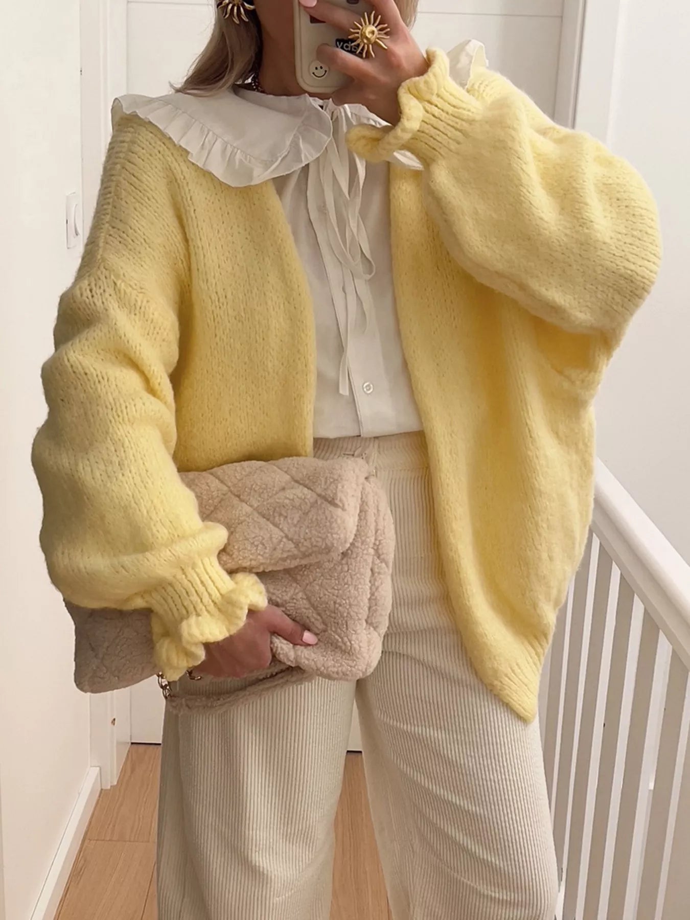 Open Front Ribbed Hem Cardigan Yellow / S