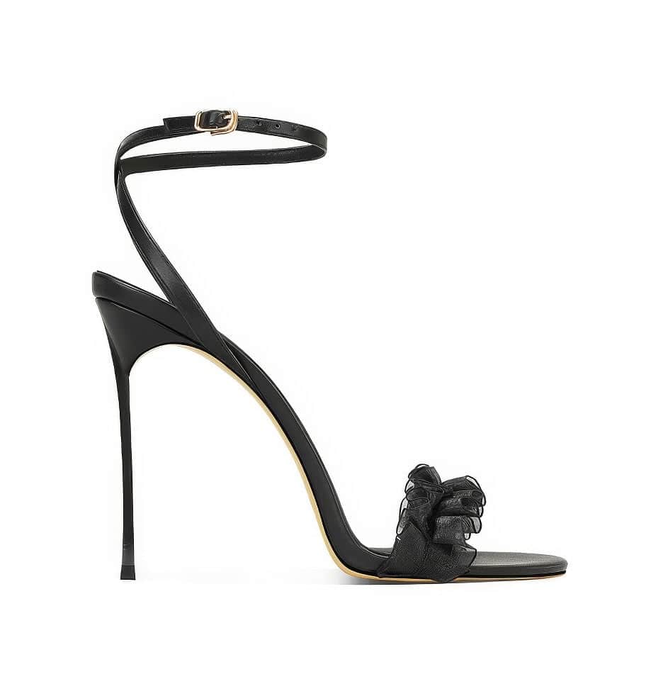 Open Toe Ankle Strap Scrunchie Ruffled Heels EU 33 / Black / 6CM