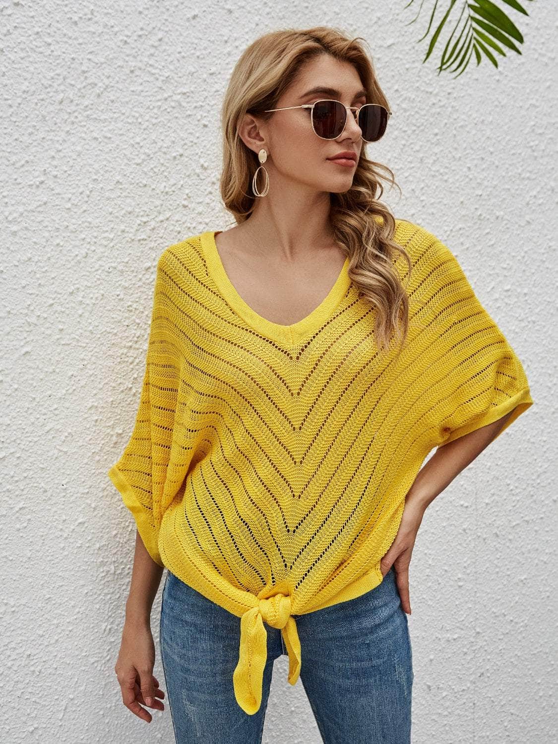 Openwork Batwing Sleeve Cover-Up True Yellow / S