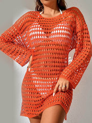 Openwork Boat Neck Long Sleeve Cover-Up Orange / One Size