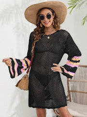 Openwork Contrast Long Sleeve Cover-Up Black / One Size