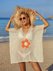 Openwork Flower V-Neck Short Sleeve Cover Up Cream / One Size
