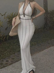 Openwork Halter Neck Maxi Sweater Dress