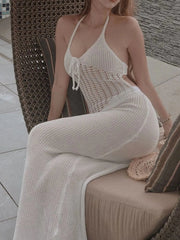 Openwork Halter Neck Sweater Maxi Dress