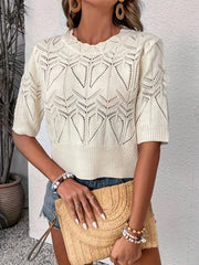Openwork Round Neck Half Sleeve Sweater