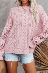 Openwork Round Neck Long Sleeve Sweater Blush Pink / S