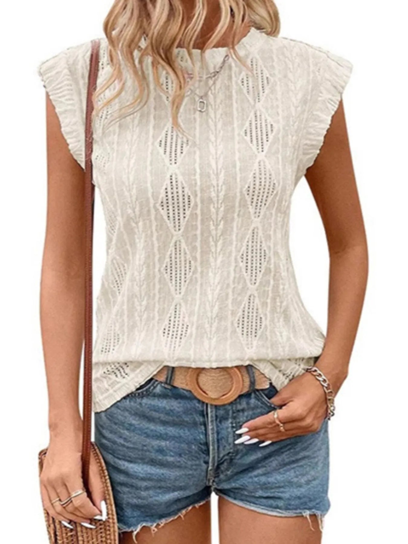 Openwork Round Neck Top Milky White / S
