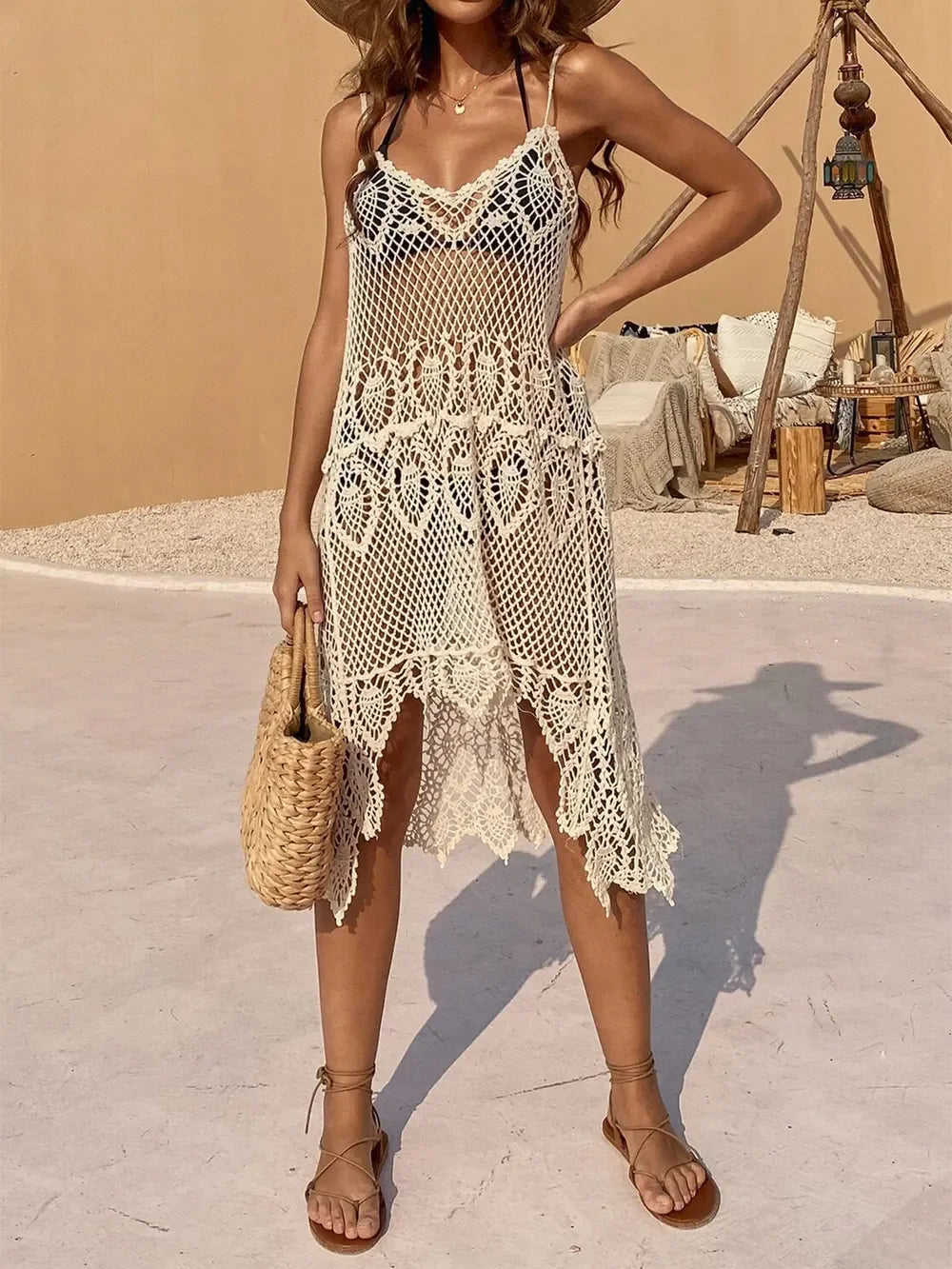 Openwork Scoop Neck Spaghetti Strap Cover-Up Dress Beige / One Size