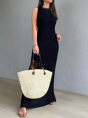 Openwork Slit Round Neck Cover-Up Black / S