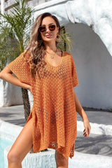 Openwork Slit Scoop Neck Cover Up Red Orange / One Size
