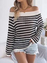 Openwork Striped Off-Shoulder Knit Top