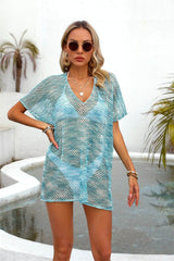 Openwork V-Neck Half Sleeve Cover Up Turquoise / One Size