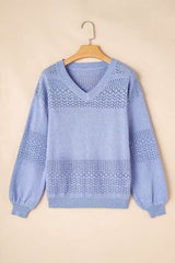 Openwork V-Neck Long Sleeve Sweater